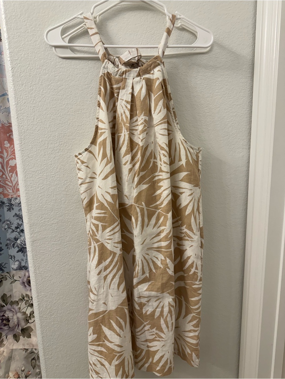 GAP Neutral Leaf Pattern Dress in Tan & White 16 women’s tropical linen cotton